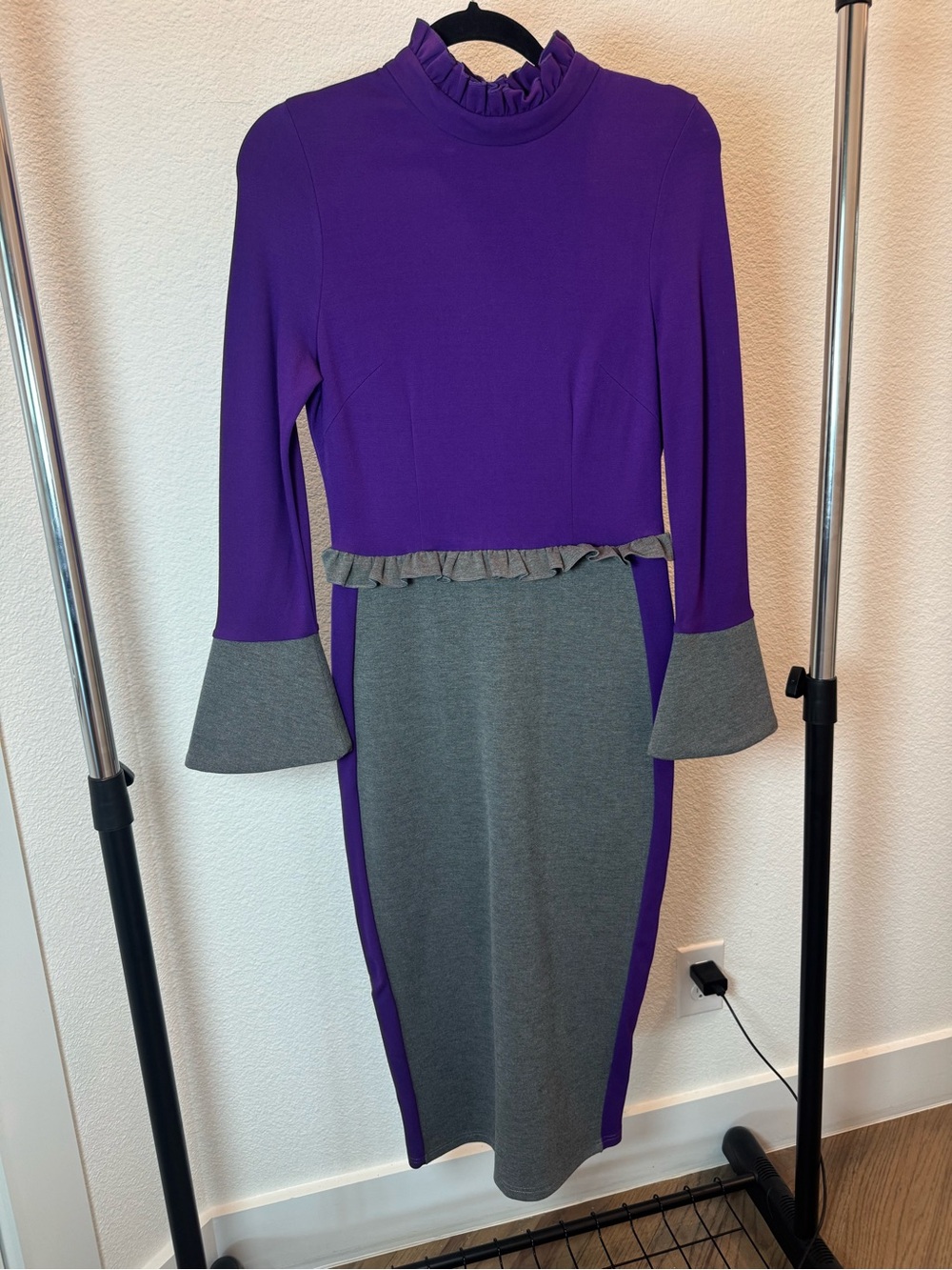 Metisu Purple & Gray Colorblock Ruffle Bodycon Dress | Bell Sleeve | Mock Neck